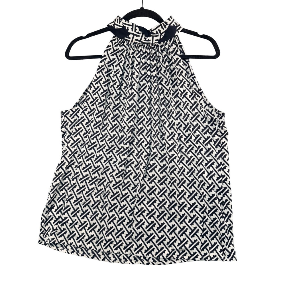 Antonio‎ Melani Silk Blend Halter Top Black White Geo Print Preppy Chic M